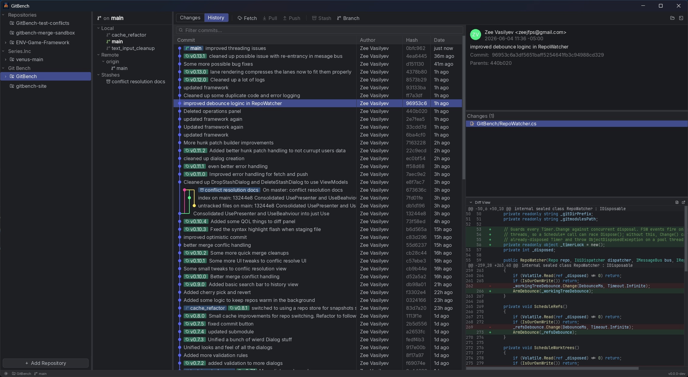GitBench showing the commit history, graph, and an inline diff view in dark mode